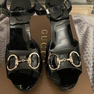Gucci Black Patent Leather Heels with Gold Accents